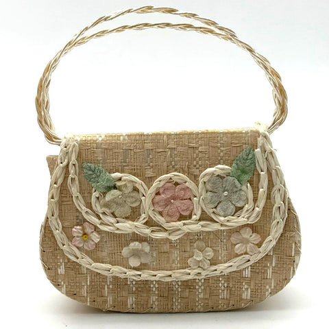 Vintage 1960s Girls Straw Purse and Embroidered Nylon Glove Set IOB