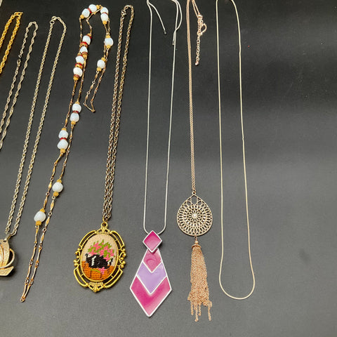 Costume Jewelry Lot 9 Necklaces Petit Point Pendant & Watch Pendant