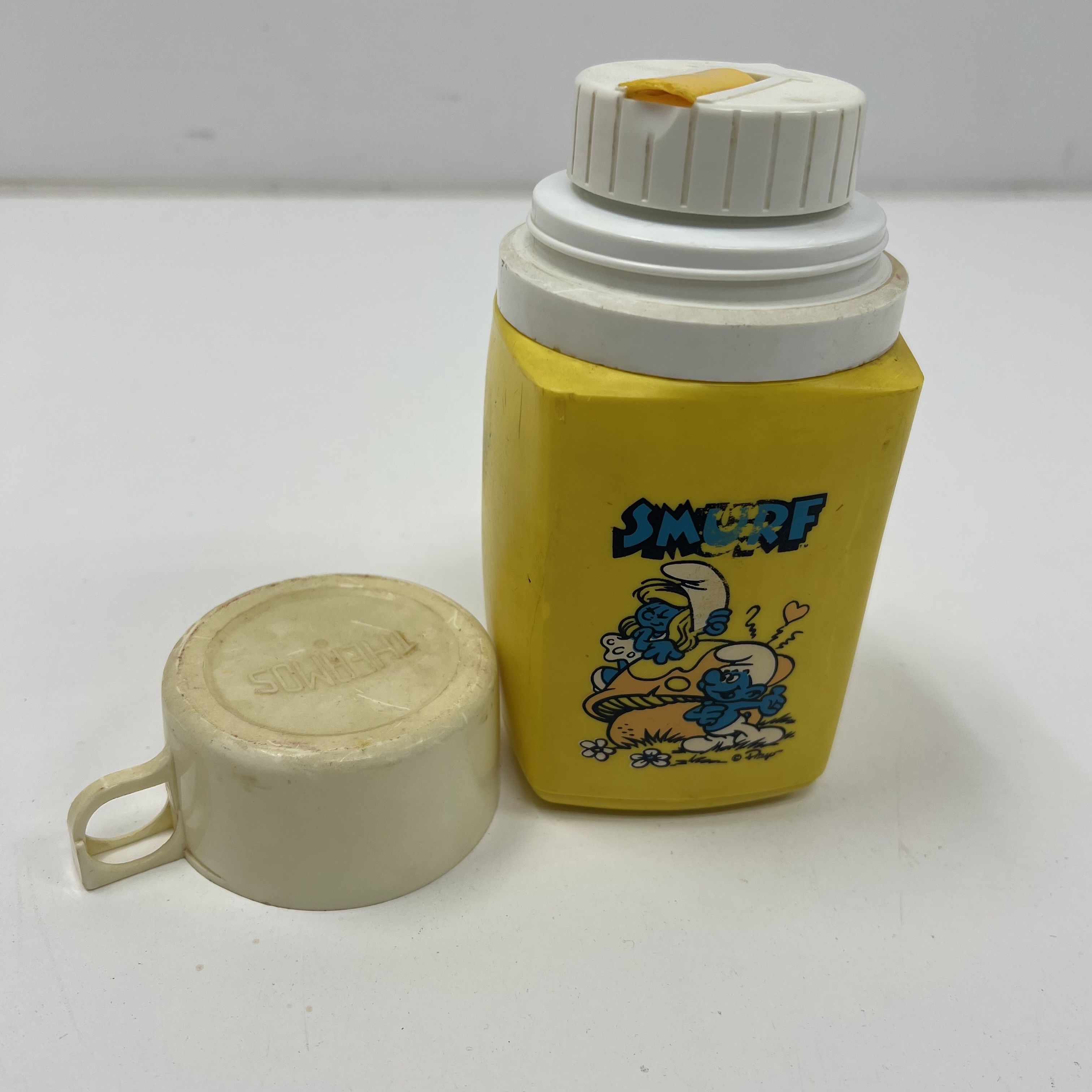 Vintage 80s Thermos Smurfette Pink Plastic Lunchbox with Yellow Smurf Thermos
