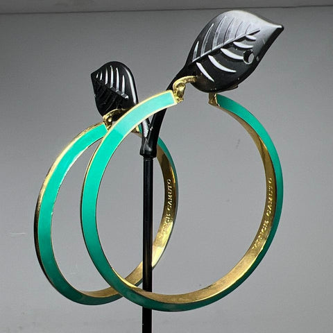 Vince Camuto Signed Gold Tone Green Enamel Large Hoop Earrings 2" 21.3g