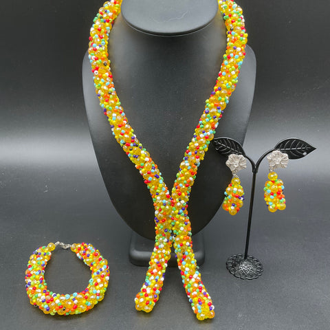 Colorful Beaded Boho Jewelry Set Necklace Bracelet Drop Earrings Yellow 3 Piece