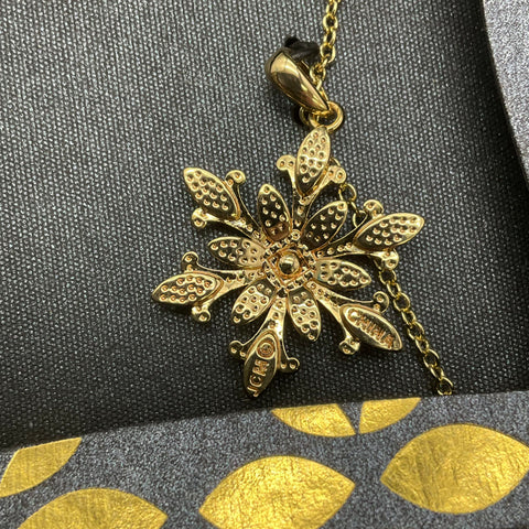 JCM Golden Radiance Gold Tone Plated Brass Clear Crystal Snowflake Necklace NIB