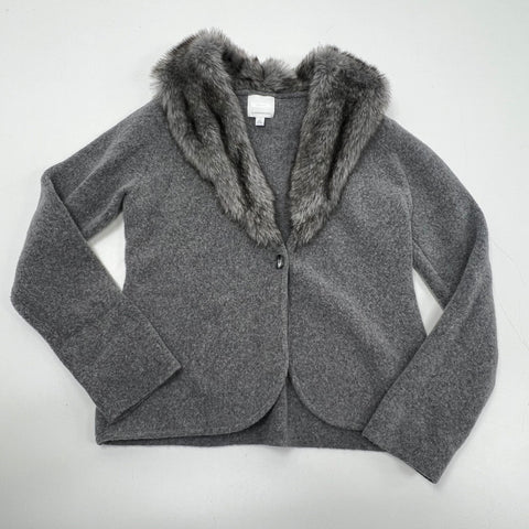 ett:twa Anthropologie Gray Faux Fur Collar Cardigan Sweater Jacket Women's S