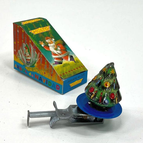 Vintage 1975 Shackman Santa Spinner Tin Litho Christmas Tree Toy Molto Box