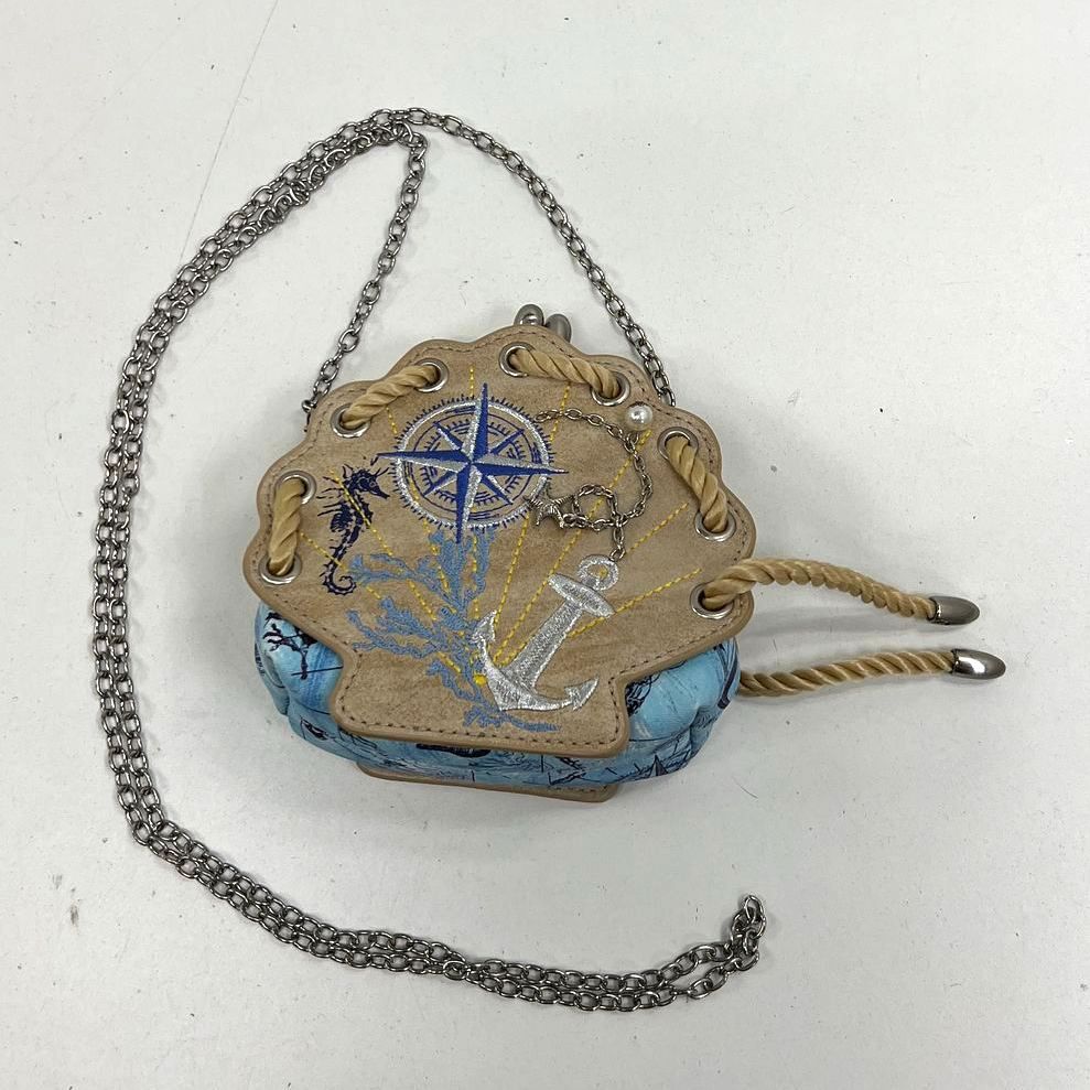 Vendula London Nautical Shell Embroidered Kiss Lock Crossbody Purse Bag Tan Blue
