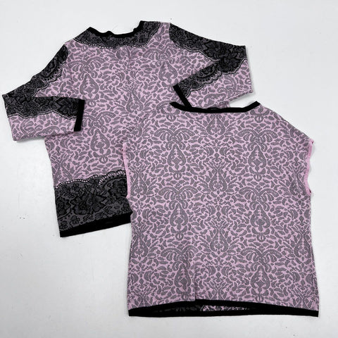 Basler Women's Pink Black Lace Print Cardigan & Top 2pc Twin Set Sz 46