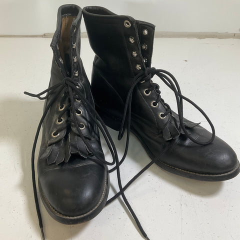 Vintage Justin Black Leather Kiltie Lace Up Roper Boots Youth Size 4.5D
