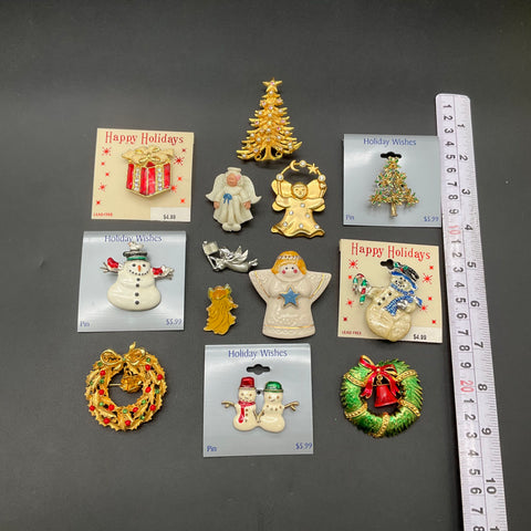 Vintage Christmas Holiday Brooches Lot 12 Signed Tancer Art Kmart Enamel Pins