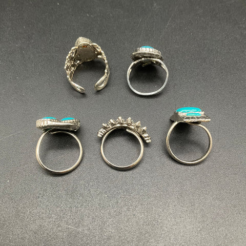 Vintage Silver Tone Faux Turquoise Adjustable Ring Lot of 5 Southwestern Style
