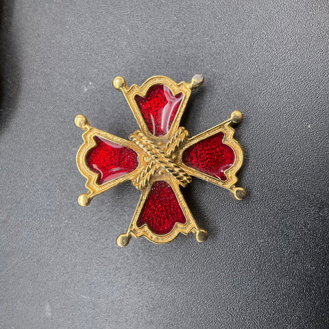 Vintage Gold Tone Brooch Lot of 6 DFA Rhinestone Enamel Red Hat Maltese Cross