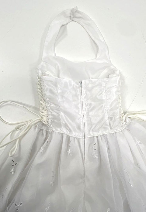 Vintage Y2K Girls White Halter Tiered Sequin Flower Girl Formal Dress USA Sz 7