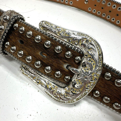 Nocona Women's Brown Hair-on-Hide Western Belt Silver Studs Crystals Size M