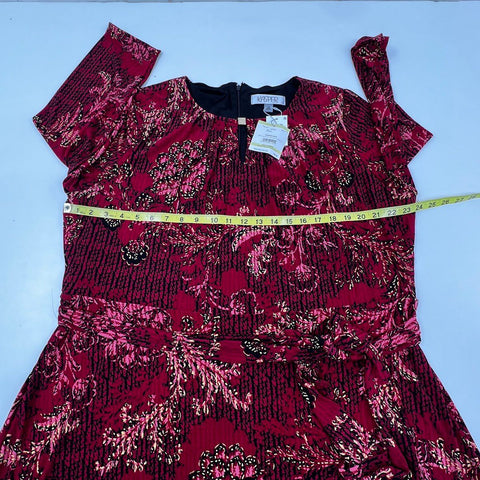 Kasper Women's Dress Red Black Multi Floral Pleated Neck Self-Tie Belt Sz 18W