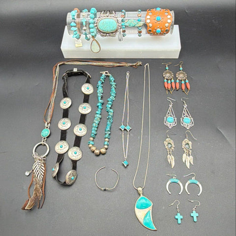Southwestern Turquoise Tone Costume Jewelry Lot Necklaces Bracelets Earrings