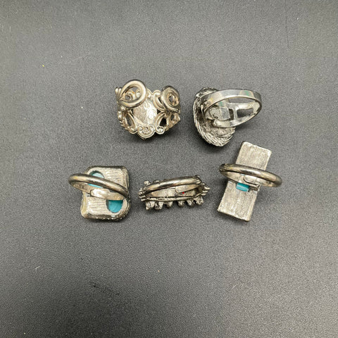 Vintage Silver Tone Faux Turquoise Adjustable Ring Lot of 5 Southwestern Style