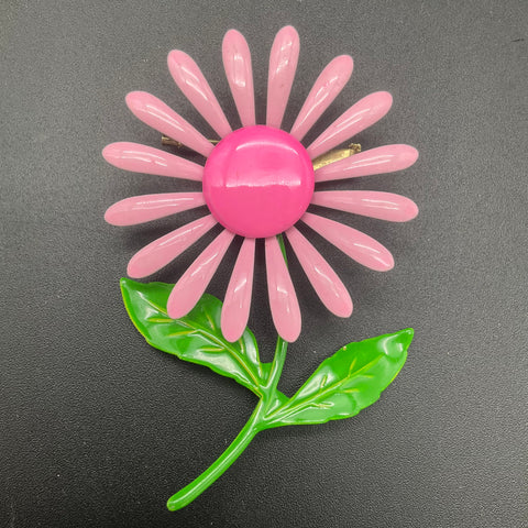 Vintage 1960s Mod Pink Enameled Daisy Flower Brooch Pin Green Stem