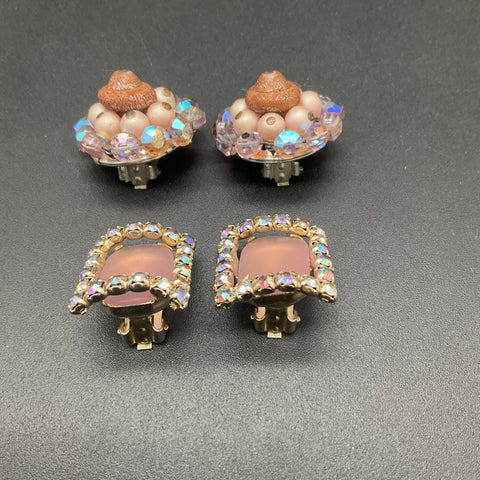 Vintage Lilac Purple AB Rhinestone & Faux Pearl Clip On Earrings Lot of 2 Pairs