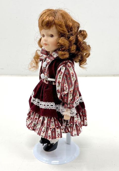Porcelain Doll Vintage Auburn Curly Hair Burgundy Lace Dress 13" With Stand