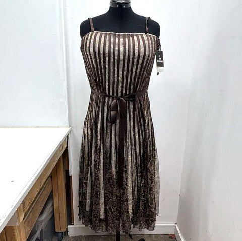 Sandra Darren Women's Dress Brown Ivory Stripe Paisley Mesh Overlay NWT Sz 14