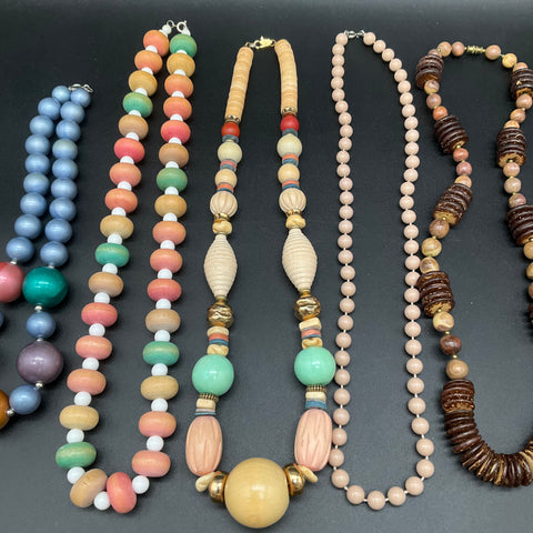 Boho Ethnic Wood Bead Jewelry Lot of 6 Necklaces Tribal Multi-strand Eclectic