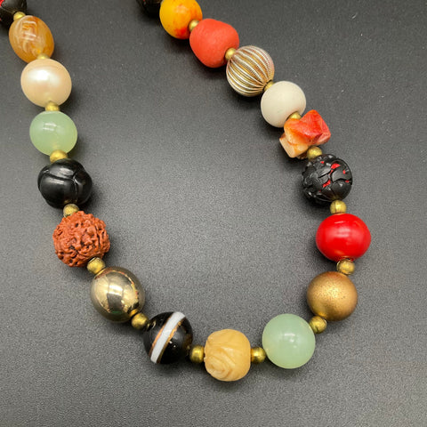 Vintage Chinese Trade Bead Necklace Carved Cinnabar Jade Agate Multi-Color 25"