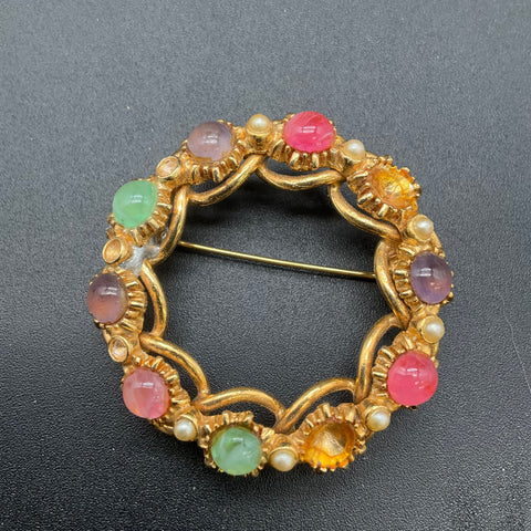 Vintage Costume Jewelry Lot of 9 Gold Tone Brooches Floral Leaf Bow Faux Pearl
