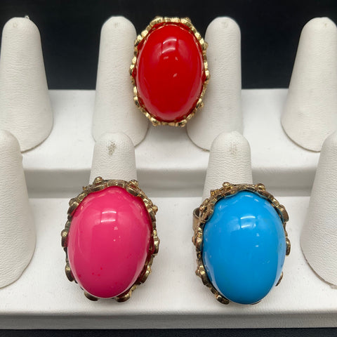 Vintage Retro Gold Tone Adjustable Jumbo Plastic Cabochon Rings Jewelry Lot of 3