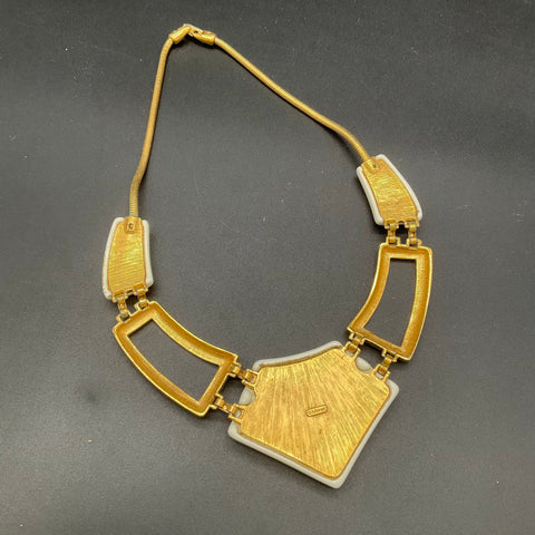 Vintage 1970s-80s Monet Gold Tone White Enamel Geometric Bib Necklace