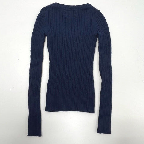 Vintage Y2K American Eagle Women's Navy Cable Knit V-Neck Sweater XS