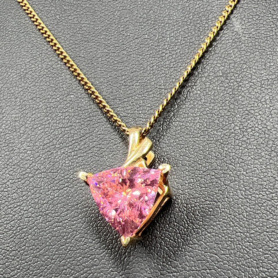 14K Yellow Gold Pink Crystal Pendant on GF Chain Necklace 8.2g