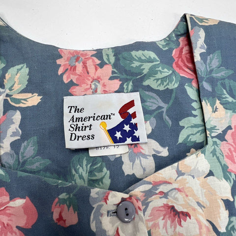 Vintage 80s The American Shirt Dress Floral Cotton Belted Midi Sz 12 USA