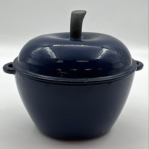 Enameled Cast Iron Apple Shaped Dutch Oven Blue Country Cottage Pot 9 Inch