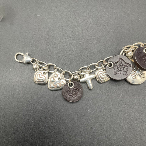 Brighton Amulet Charm Bracelet Silver Tone Leather Heart Cross Latin Words 7"