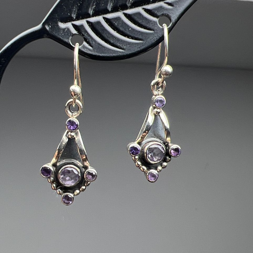 925 Sterling Silver Amethyst Dangle Earrings 2.96g
