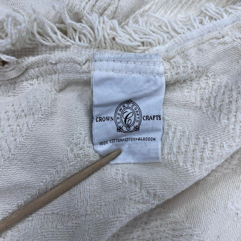 Crown Crafts Cotton Blanket Bedspread Cream Woven Jacquard Fringed Vintage