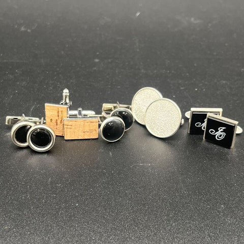 Vintage Men's Cufflinks Lot of 5 Pairs Silver Tone Black Monogram G Cork Retro