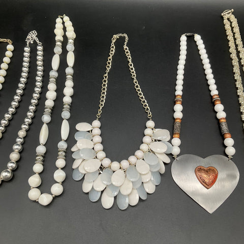 Mixed Fashion Jewelry Lot 10 Necklaces Statement Beaded Silver Tone White