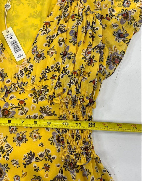 Max Studio Yellow Floral Flutter Sleeve Smocked Midi Dress Women's M NWT