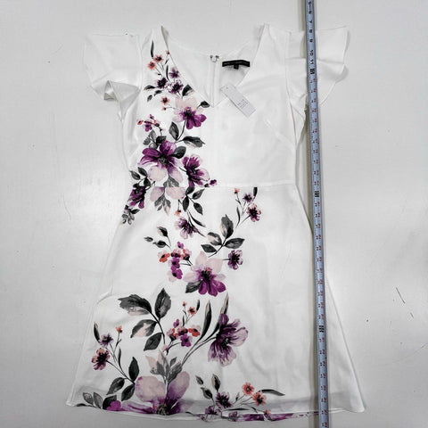 White House Black Market Women's Ecru Violet Floral A-Line Dress NWT Sz 10