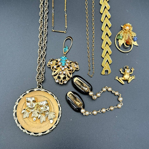 Vintage Gold Tone Costume Jewelry Lot of 8 Necklaces Bracelet Brooch Earrings
