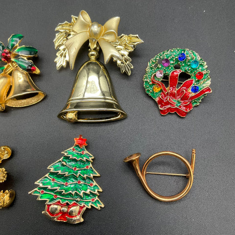 Gerry's Avon Vintage Christmas Holiday Brooch Lot of 8 Enamel Wreath Tree Bell