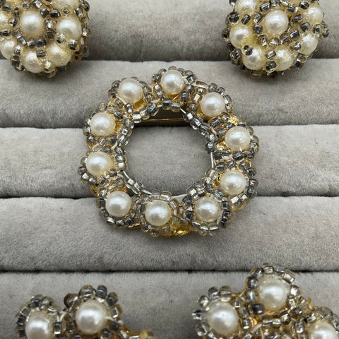 Vintage Faux Pearl Seed Bead Wreath Brooch and 2 Pair Clip On Earrings Lot