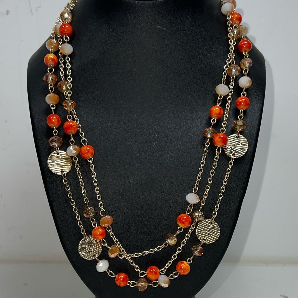 Orange Multifaceted Beaded Gold Tone Necklace