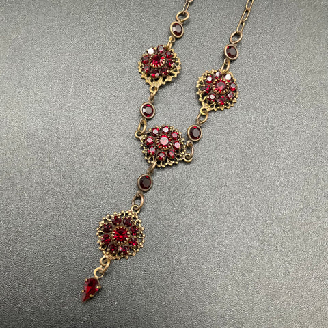 Kenny Ma San Francisco Red Crystal Floral Drop Necklace Brass Tone 18"