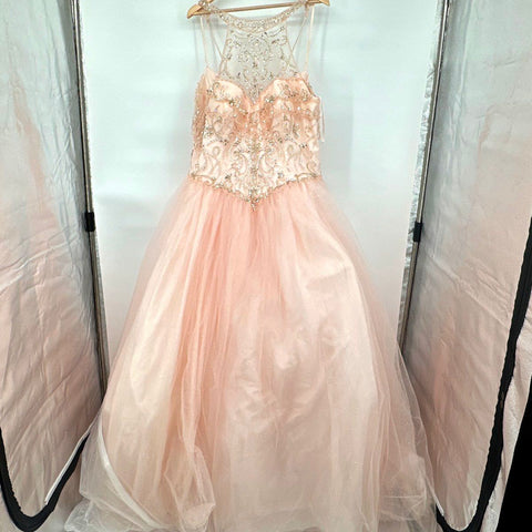 Layla K Women's Pink Beaded Sequin Tulle Formal Ball Gown Corset Back Sz 18