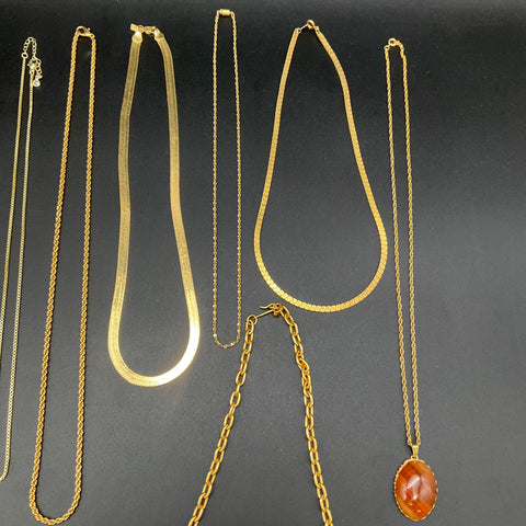 Gold Tone Costume Jewelry Lot 11 Necklaces Chains Tassel Brown Stone 0.6lb
