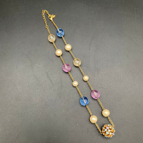Carolee Gold Tone Faux Pearl Multi-Color Rhinestone Pave Ball Necklace 18"