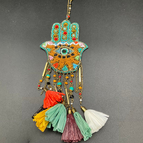 Boho Beaded Statement Necklace Lot of 6 Hamsa Hand Tassel Leather Stone Pendant