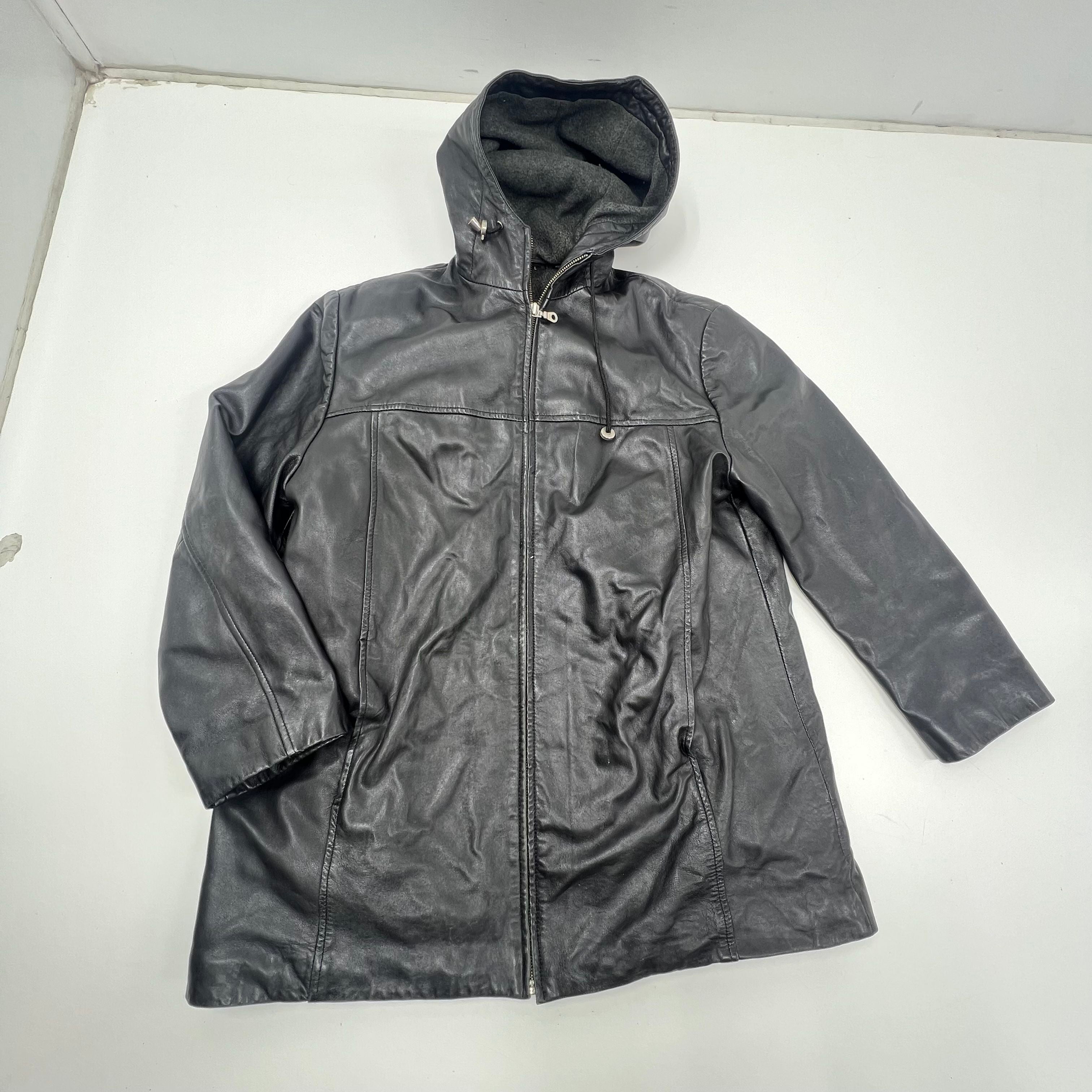 Vintage 90s Izzi Black Leather Fleece Lined Hooded Jacket Coat Men's L