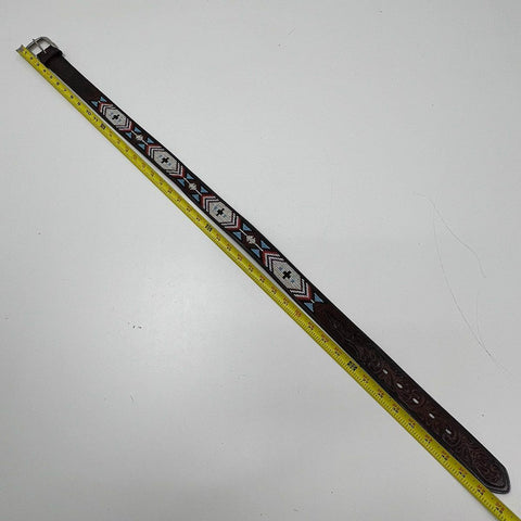 3D Belt Co Brown Hand Tooled Leather Beaded Western Belt Silver Buckle Sz 38